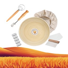 Vubetti Sourdough Starter Kit for Artisan Baking - Complete Set with 9" Banneton Proofing Basket, Essential Baking Accessories, Recipe Booklet & Linen Cloth - Ideal for Home Bakers