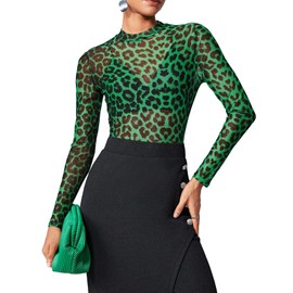 Floerns Women's Leopard Print Sheer Mesh Long Sleeve Tee Shirts Without Bra Green Medium