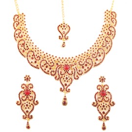 NEW! Touchstone Indian Bollywood Fine Filigree Red Faux Ruby Grand Bridal Jewelry Necklace Set In Antique Gold Tone For Women.