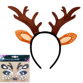 Roffiy Christmas Headbands for Women,Cute Brown Reindeer Headband for Christmas with Deer Tattoo Sticker Xmas Festive Party Headband Hair Decoration