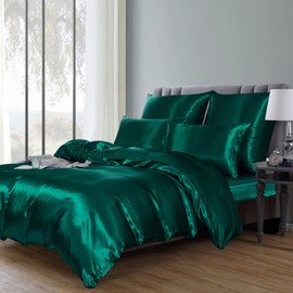 Boqingzhu Satin Bettwäsche 135x200cm Grün Dunkelgrün Uni Einfarbig Glatt Glänzend Luxus Seide Bettwäsche Set Bettbezug mit Reißverschluss und Kissenbezug 80x80cm