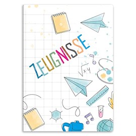 itenga Certificate Folder with Motif, A4 Sturdy Document Folder, Display Book for Certificates - 20 Sturdy Pockets - for Children, Teenagers, Students, Girls, Boys, Doodles School Motif