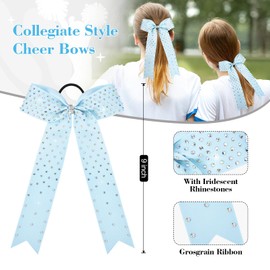 DEEKA 12 PCS Glitter Collegiate Style Cheer Bows Long Tail Skinny Shiny Cheer Bow Ponytail Holder Handmade Bows for Girls Teens Cheerleader Sports -Light Blue