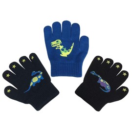 N'Ice Caps Boys Magic Stretch Gloves 3 Pair Pack Assortment (3-5 Years, Dino - Yellow/Royal/Black)