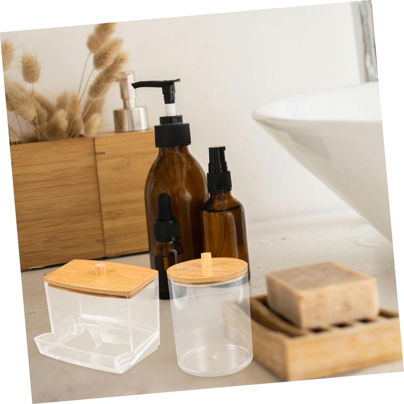 LABRIMP Cotton Swab Containers Bamboo Lid Box Storage Case for