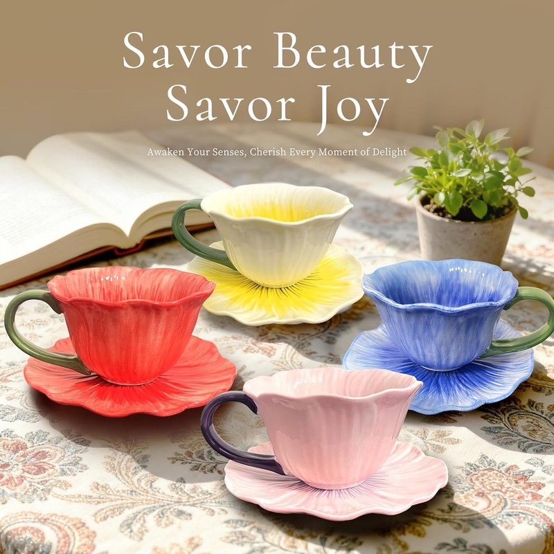 ONEUSTAR Ceramic Flower Shaped Tea Cup and Saucer Set, Yellow,