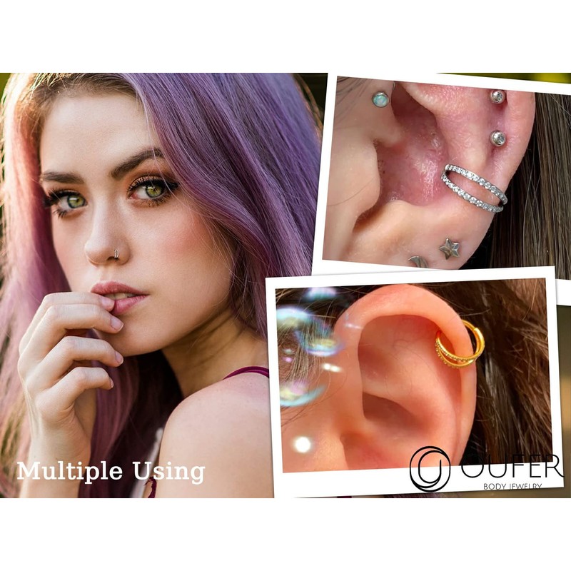 OUFER ボディピアス チタン ノーズピアス リング フープ ダブルライン クリア CZ パヴェ