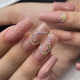 Valentines Press on Nails Long Square Nude Fake Nails Shiny Heart Rhinestones Glitter Coffin Glue on Nails Glossy Full Cover False Nails Luxury Ballerina Stick on Nails for Women Girls 24pcs