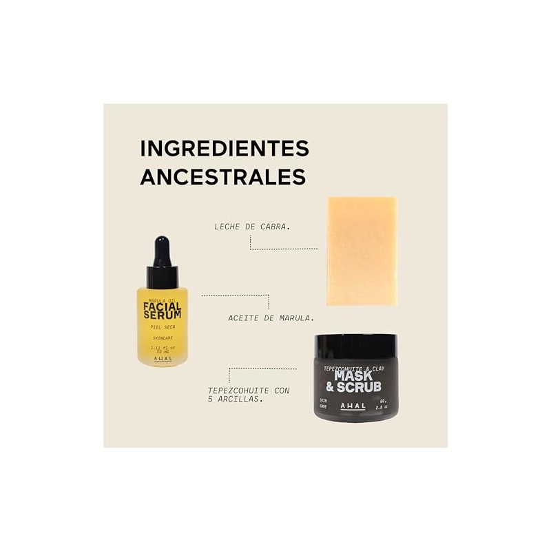 AHAL Kit Facial Skincare Jabón Mascarilla y Suero Piel Seca