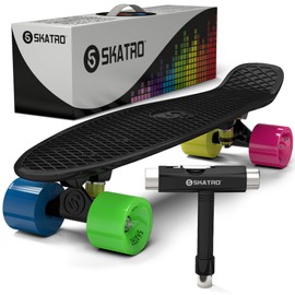 Skatro - Mini Cruiser Skateboard. 22x6inch Retro Style Plastic Board Comes Complete. Model: Black Rainbow