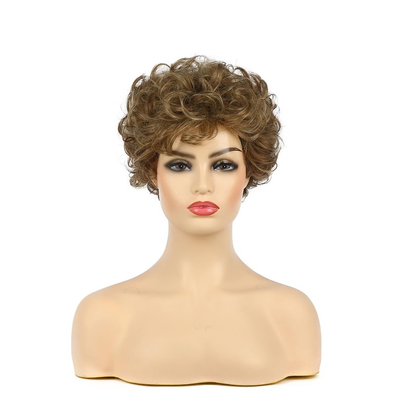 Womens Blonde Brown Short Fluffy Curly Wig for Daily Party