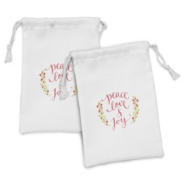 Ambesonne Saying Fabric Pouch Set of 2, Peace Love and Joy Calligraphic Xmas Text with Winter Berries Wreath, Small Drawstring Bag for Toiletries Masks and Favors, 9" x 6", Dark Coral Yellow Green