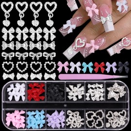 3D Bow Nail Charms, Bows Heart Nail Charms and Gems, Silver Alloy Bow Heart Dangle Nail Gems Charms, 6 Colors Bowknot Acrylic Nail Art Charms, Alloy Nail Art Charms Jewels Design DIY