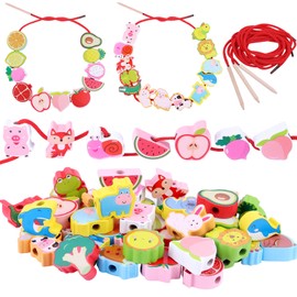 Japace Montessori Spielzeug Fädelspiel ab 2 3 4 Jahre 44 Stück Holzspielzeug Motorikspielzeug Tier Gemüse Obste Holzperlen Einfädeln Pädagogisches Lernspielzeug Geschenke für 2 3 4 Jahren Kleinkinder