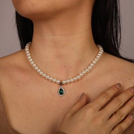 JWICOS Pearl Layered Wedding Necklace Earrings Set Boho Green Rhinestone Choker Crystal Bridal Necklace Jewelry Accessories for Women Brides Party, freesize, Alloy Steel, No Gemstone