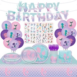 Poqirzan 108PCS Mermaid Birthday Party Decorations Mermaid Party Supplies Include Mermaid Paper Plates and Napkins Tableware Balloons Temporary Tattoos Mermaid Under the Sea Birthday Party Serve 16