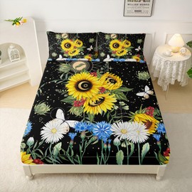 QOOMO Sunflower Plants and Flowers Silky Soft Microfiber Bed Sheets Set Black Starry Soft Kids Bedding Set Shining Moon Stars Room Decoration Twin Size 1 Fitted Sheet, 1 Flat Sheet, 2 Pillow Cases