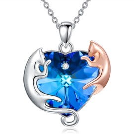 AOBOCO Cat Necklace 925 Sterling Silver Cat Pendant Necklace with Heart Crystal Cat Gifts for Women Cat Lovers, Sterling Silver, Crystal