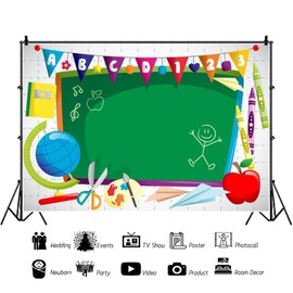 Xiaoterna 7x5ft Back to School Backdrop Watercolor Chalkboard Pen Paper Airplane Globe Photography Background Welcome to Kindergarten Backdrop Student Child Portrait Photo Studio Props
