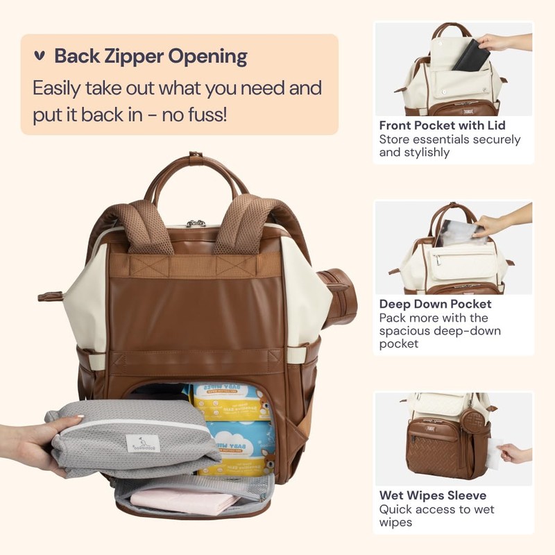 BabbleRoo Leather Diaper Bag Backpack, Multifunction Large Bags with Changing