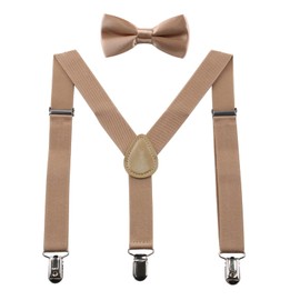 GUCHOL Khaki Kids Suspenders Bow Tie for Boys and Girls Adjustable Elastic Classic Accessory Sets Age 1 to 13 Year (Khaki, 33 INCH (6-13 Year)