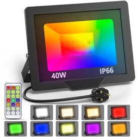 40W RGB Floodlight - Indoor/Outdoor, Dimmable with Remote Control and 24h Cycle Timer, IP66 Waterproof Design, Perfect for Decorative Lighting in Gardens, Landscapes and Stages, UK 3-Pin Plug