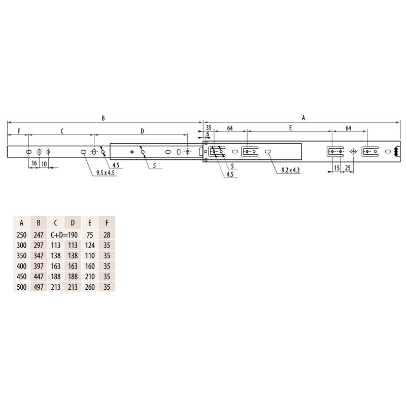 Ball Bearing Drawer Runners Slides H-35mm L- 400mm (1 Pair)