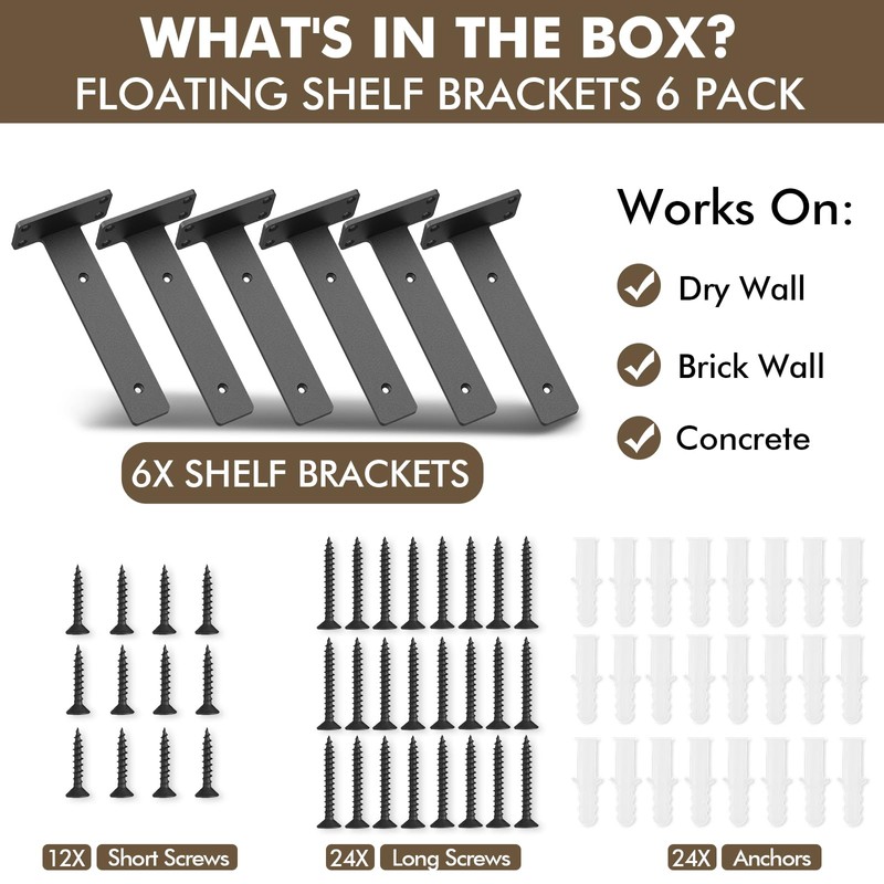 MIUGO 6 Pack Heavy Duty Shelf Brackets 6 inch, Floating