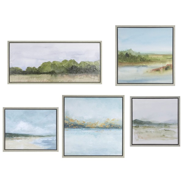 MARTHA STEWART Wall Art Living Room Décor-Vista Abstract Gold Foil Embelished Canvas Hanging Decoration Rustic Grey Framed Landscape Painting Galery for Bedroom, Multi, 5 Piece