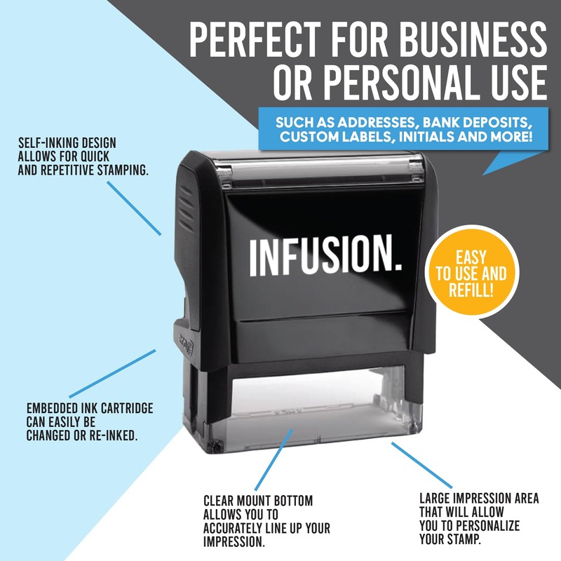 Infusion Custom Self-Inking Rubber Stamp - 17 Color Choices and