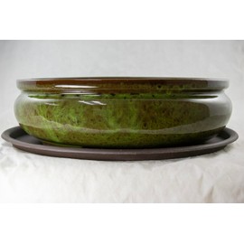 Oval Glazed Bonsai/Succulent Pot with Tray and Mesh 12"x 8.5"x 3.75" - Moss Green