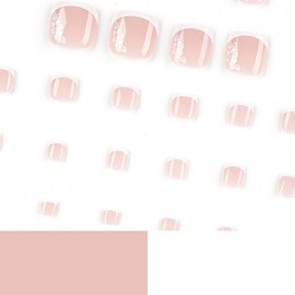 Press on Toenails Pink Square Fake Toenails with Glitter Design French Fake Nails Acrylic Toe Nails for Women Glossy Toe Nail Tips Glue on ToeNails 24pcs