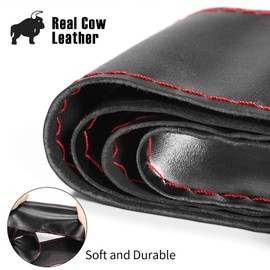 SEG Direct Genuine Leather Steering Wheel Cover, Stitch On Wrap, 15 Inch Steering Wheel Wrap for Car Truck SUV Pickup Boat, DIY Sewing with Needle Thread, Black with Red Thread