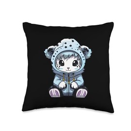 Cozy Winter Comic Mood Cute Snow Leopard Winter Comic Kawaii Animal Cozy Throw Pillow, 16x16, Multicolor