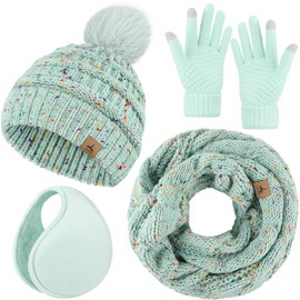 4 PCS Mint Green Ombre Winter Set for Women, Knit Beanie Hat with Pom Poms Neck Scarf Touchscreen Gloves and Ear Muffs