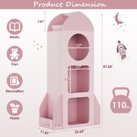 Arlopu 3-Tier Kids Bookshelf and Toy Storage, Rocket Baby Cabinet with Side Shelves, Wood Open Toddler Bookcase, Spacious Display Organizer for Children Playroom, Bedroom, Nursery, School (Pink)