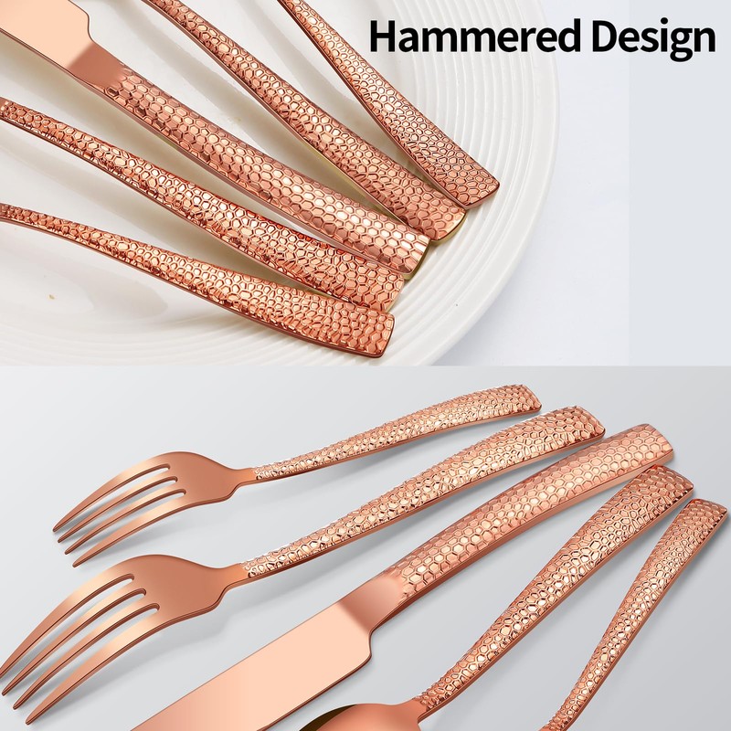 45-Piece Silverware Set with Serving Utensils Set, Rose Gold Hammered