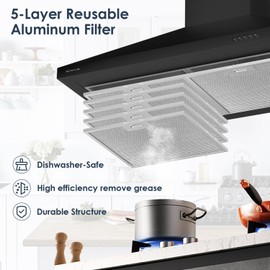 SOONYE Black Range Hood 30 inches 450 CFM Stainless Steel Wall Mount Range Hoods Hood Vent for Kitchen with Ducted/Ductless Convertible, 3 Speed Exhaust Fan,5-Layer Aluminum Filters