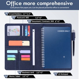 Folio Cover Compatible with Rocketbook, Portfolio Organizer, Waterproof Fabric, Multifunctional Organizer with Pen Loop, Business Card Holder, fits A5 Size Notebook, 8.8" x 6" inch, (Blue)