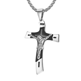 Rehoboth Catholic Crucifix Jesus Christ on INRI Cross Large Pendant Necklace for Women Mens Stainless Steel 24 Chain Black