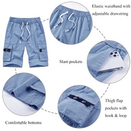 VtuAOL Women's Casual Elastic Waist Cargo Shorts Multi-Pockets Shorts with Drawstring Light Blue US 8-10