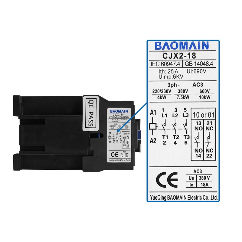 Baomain 3-Pole DC Contactor CJX2-1801 24VDC Coil, 3NO+1NC Auxiliary, 660V