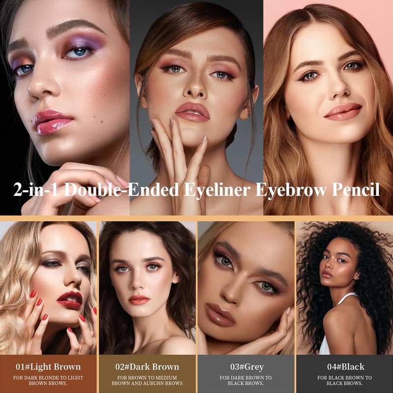 Eyeliner Eyebrow Pencil 2 in1,Grey 4-Point Micro-Fork Tip Eyebrow Pen