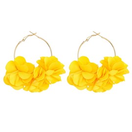 Flower Cluster Hoop Earrings, Fabric Floral Cluster Dangle Earrings for Women, Bohemian Yellow Flower Petal Statement Earrings Flower Boho Jewelry, Fabric Flower Cluster Drop Earrings