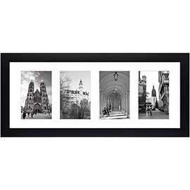 Golden State Art, 8x20 Black Photo Wood Collage Frame with Real Glass and White Mat displays (4) 4x6 Pictures