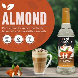 Syruvia Almond Coffee Syrup - 25.4 fl oz Premium Coffee Flavoring Syrup - Kosher Syrups, Gluten Free, No Coloring, Perfect for Drinks, Soda, Shakes, Desserts, and More With Pump