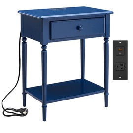 Leick Home 20022-NV Coastal Nightstand Side Table One Drawer Traditional USB-C Fast Charging Station, A/C and USB Charging Port Integrated Durable Solid Wood Living Room, Bedroom, Office, Navy Blue