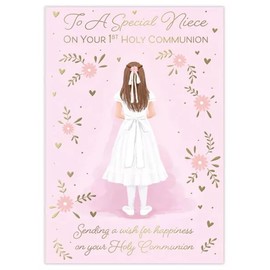 Poppy Hill First Holy Communion Card for Niece, Pink Floral Design, 13 x 19 cm