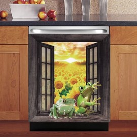 Dishwasher Magnet Front Cover,Frog Magnetic Dishwasher Cover Sunflower Decorative,Kitchen Appliance Vinyl Decal,Refrigerator Sticker Trimmable Magnet,23"x26"