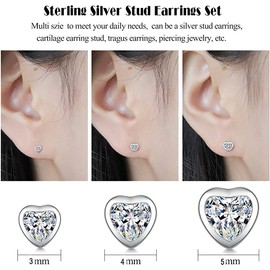 Gulicx 3 Pairs Silver Heart Stud Earrings Set for Women Girls, Hypoallergenic 925 Stering Silver Cubic Zirconia Simulated Diamond Stud Earrings,Small Sleeper Cartilage Studs, Size: 3, 4, 5mm
